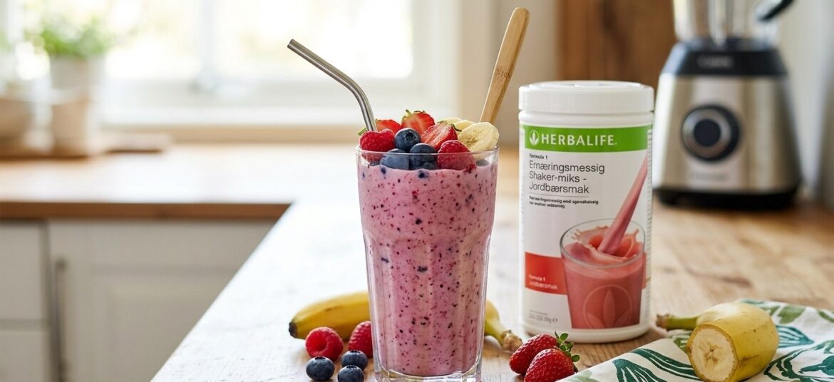 Sunn og god Herbalife Formula 1 smoothie i et glass med frosne bær og frukt