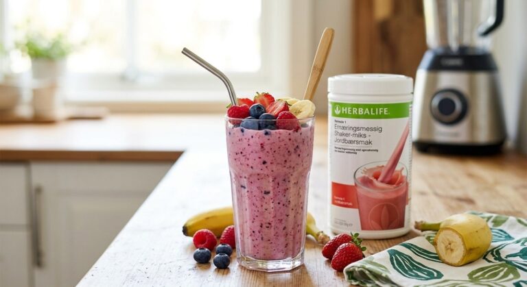 Sunn og god Herbalife Formula 1 smoothie i et glass med frosne bær og frukt